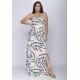 Vestido Longo Jambo Malha Aberturas Estampa Bambu Azul