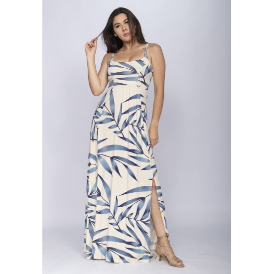 Vestido Longo Jambo Malha Aberturas Estampa Bambu Azul