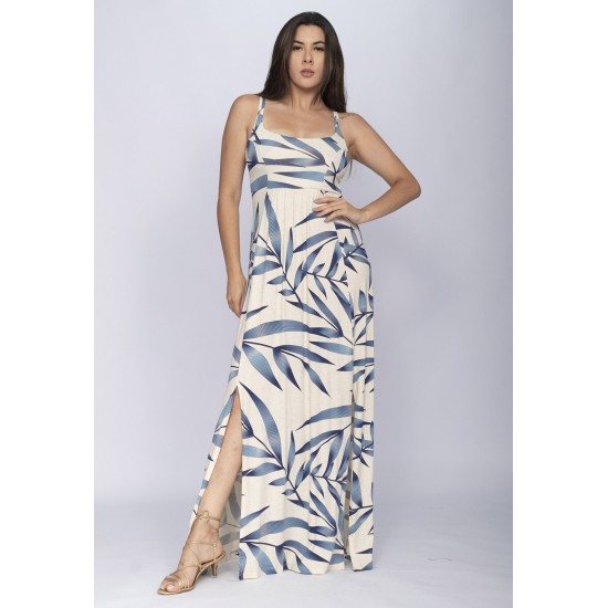 Vestido Longo Jambo Malha Aberturas Estampa Bambu Azul