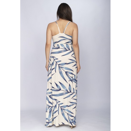 Vestido Longo Jambo Malha Aberturas Estampa Bambu Azul