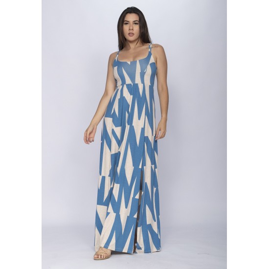 Vestido Longo Jambo Malha Aberturas Estampa Geometrico Azul