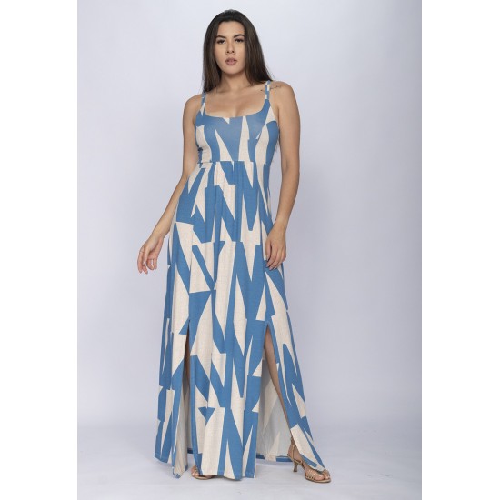 Vestido Longo Jambo Malha Aberturas Estampa Geometrico Azul