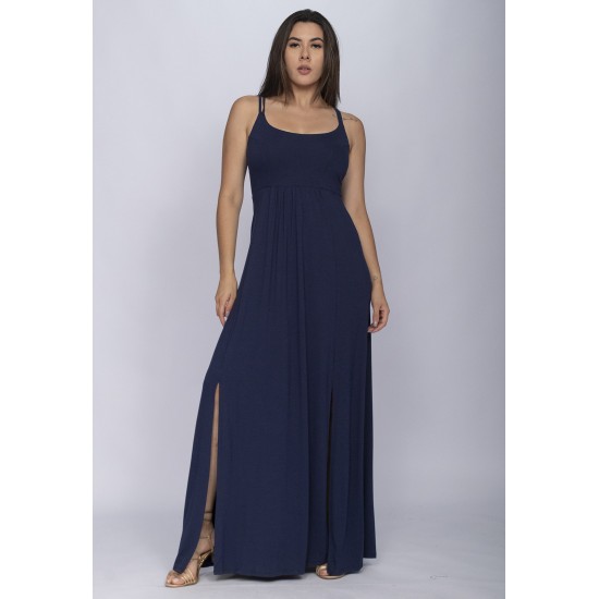Vestido Longo Jambo Malha Aberturas Azul