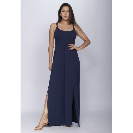 Vestido Longo Jambo Malha Aberturas Azul