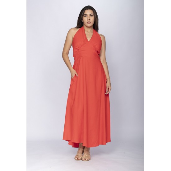 Vestido Longo Andirá Viscose Amarração nas Costas Laranja Coral