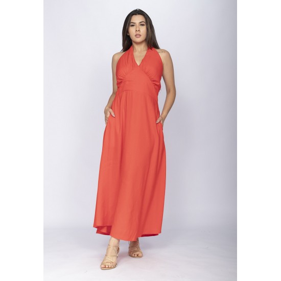 Vestido Longo Andirá Viscose Amarração nas Costas Laranja Coral