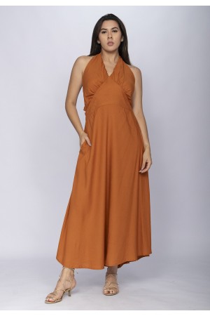 Vestido Longo Andirá Viscose Amarração nas Costas Argila Laranja