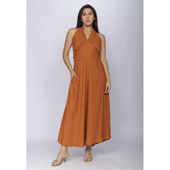 Vestido Longo Andirá Viscose Amarração nas Costas Argila Laranja