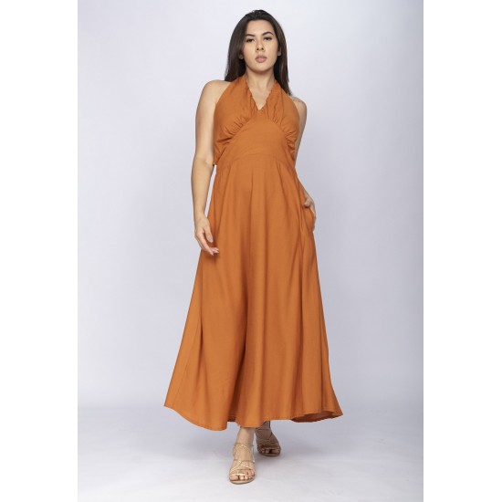 Vestido Longo Andirá Viscose Amarração nas Costas Argila Laranja