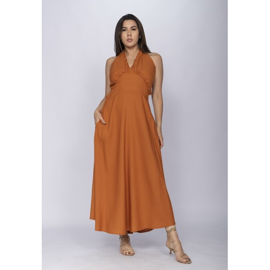 Vestido Longo Andirá Viscose Amarração nas Costas Argila Laranja