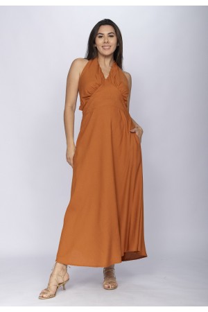 Vestido Longo Andirá Viscose Amarração nas Costas Argila Laranja
