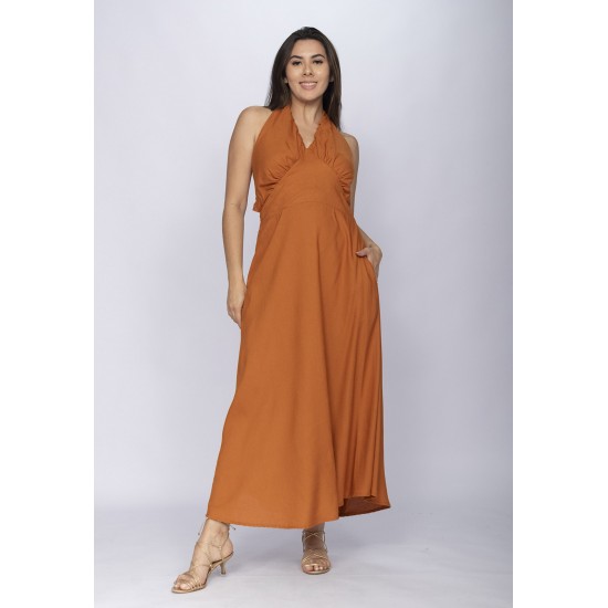 Vestido Longo Andirá Viscose Amarração nas Costas Argila Laranja