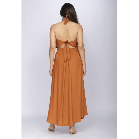 Vestido Longo Andirá Viscose Amarração nas Costas Argila Laranja