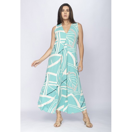 Vestido Longo Acará Malha Estampa Aqua Flora