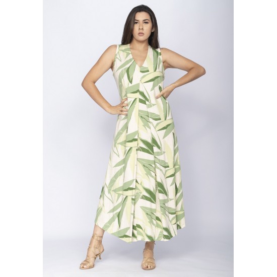 Vestido Longo Acará Malha Estampa Verde Selvagem