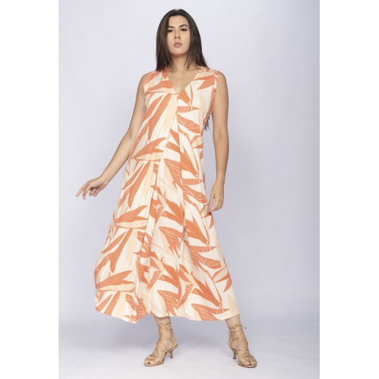 Vestido Longo Acará Malha Estampa Selvagem Laranja