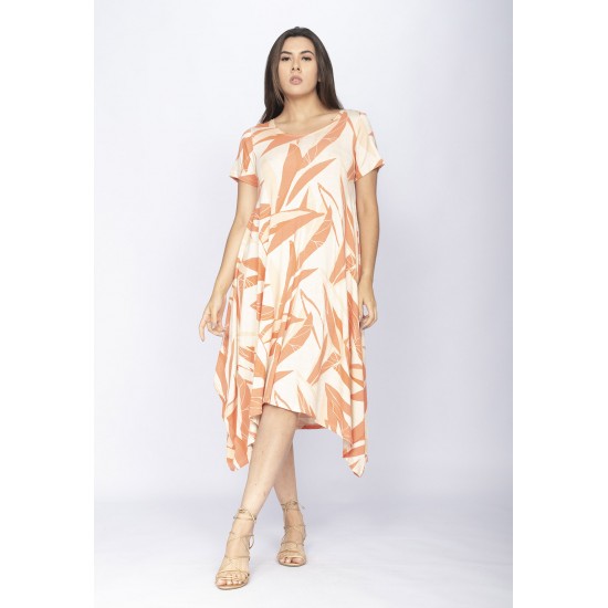 Vestido Saruel Malha Manga Curta Estampa Selvagem Laranja