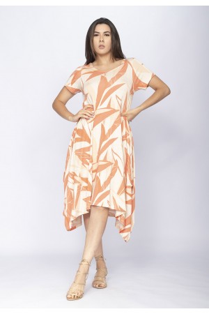 Vestido Saruel Malha Manga Curta Estampa Selvagem Laranja