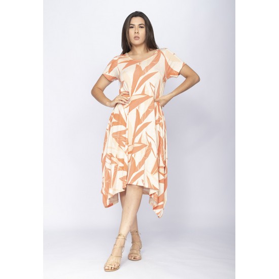 Vestido Saruel Malha Manga Curta Estampa Selvagem Laranja