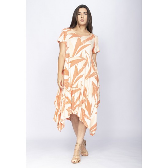 Vestido Saruel Malha Manga Curta Estampa Selvagem Laranja