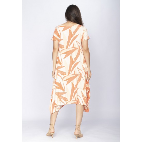 Vestido Saruel Malha Manga Curta Estampa Selvagem Laranja