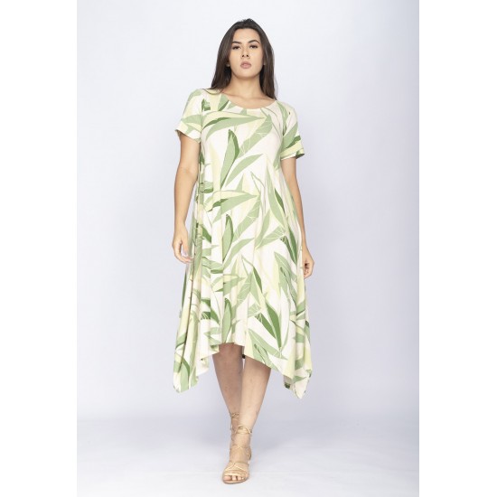 Vestido Saruel Malha Manga Curta Estampa Verde Selvagem