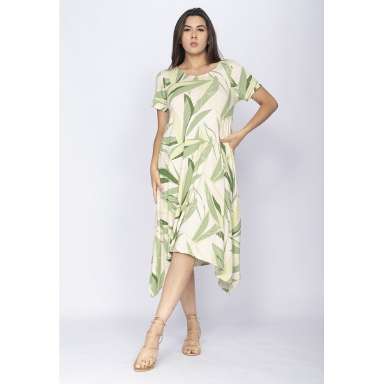 Vestido Saruel Malha Manga Curta Estampa Verde Selvagem