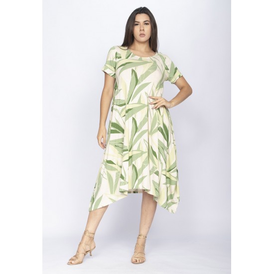 Vestido Saruel Malha Manga Curta Estampa Verde Selvagem