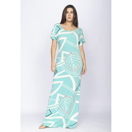 Vestido Longo Malha Fenda na Lateral Estampa Aqua Flora