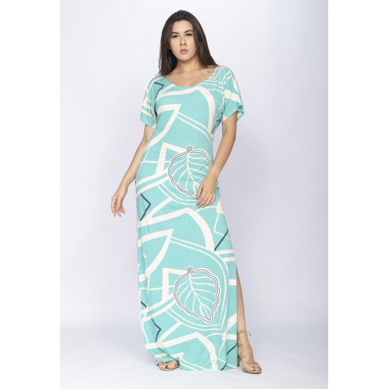 Vestido Longo Malha Fenda na Lateral Estampa Aqua Flora