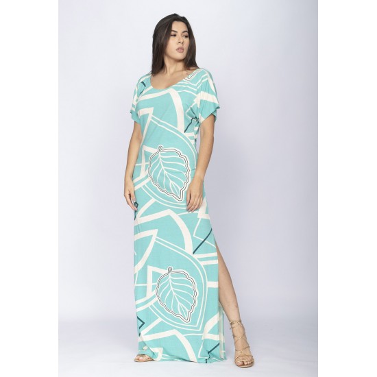 Vestido Longo Malha Fenda na Lateral Estampa Aqua Flora