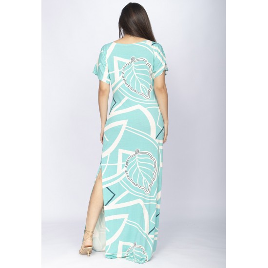 Vestido Longo Malha Fenda na Lateral Estampa Aqua Flora