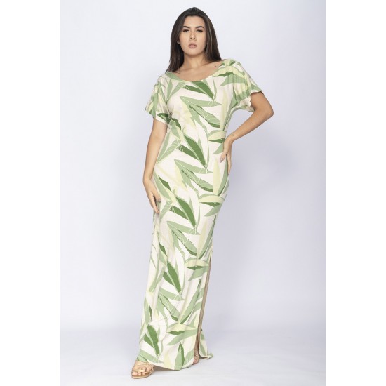 Vestido Longo Malha Fenda na Lateral Estampa Verde Selvagem