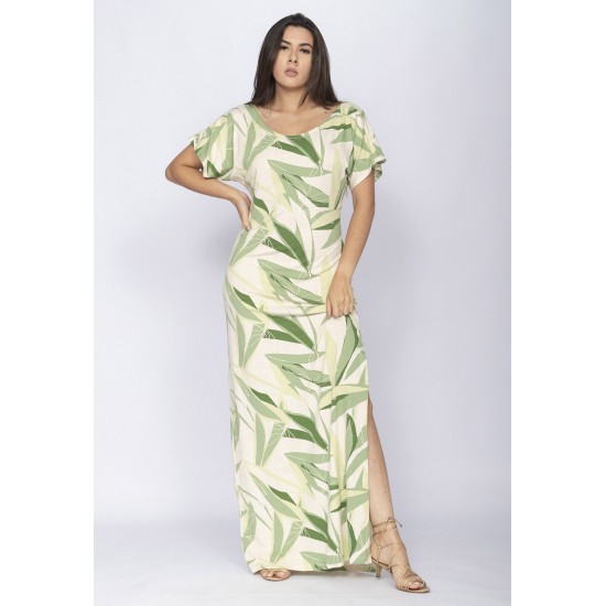 Vestido Longo Malha Fenda na Lateral Estampa Verde Selvagem