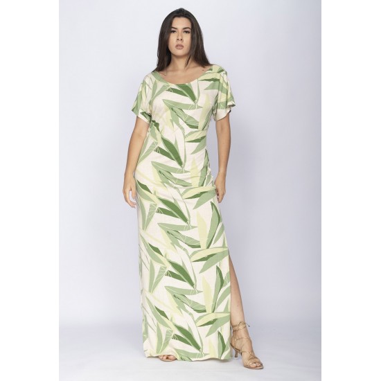 Vestido Longo Malha Fenda na Lateral Estampa Verde Selvagem