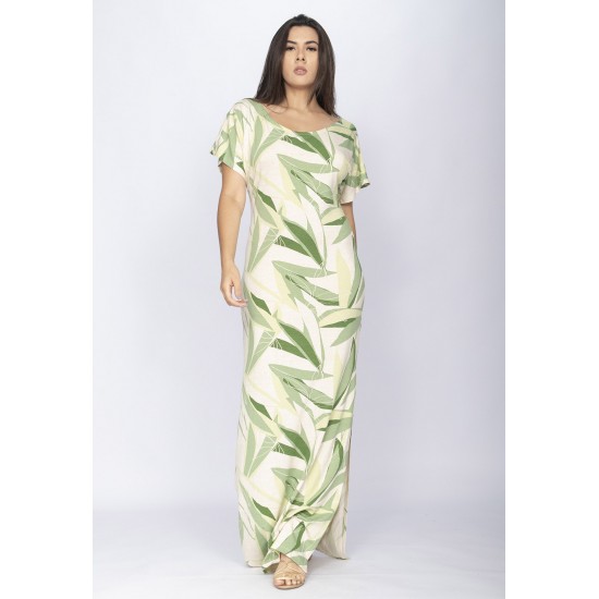 Vestido Longo Malha Fenda na Lateral Estampa Verde Selvagem