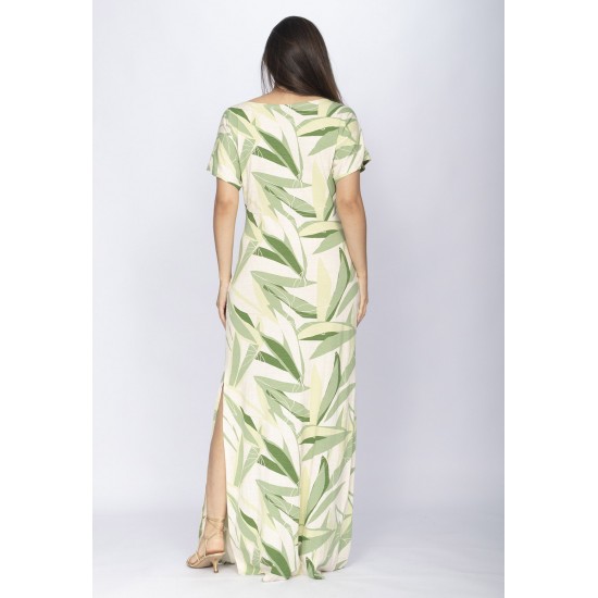 Vestido Longo Malha Fenda na Lateral Estampa Verde Selvagem