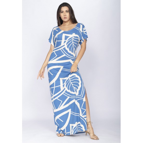 Vestido Longo Malha Fenda na Lateral Estampa Lagoa Botânica