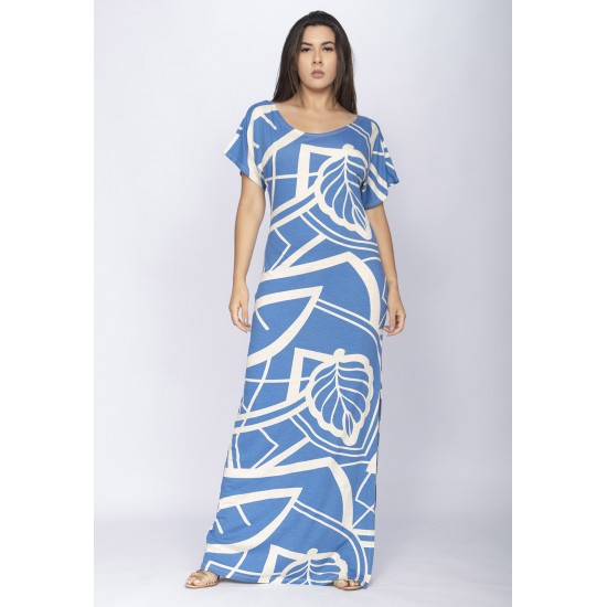 Vestido Longo Malha Fenda na Lateral Estampa Lagoa Botânica