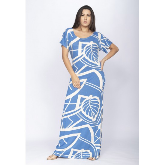 Vestido Longo Malha Fenda na Lateral Estampa Lagoa Botânica