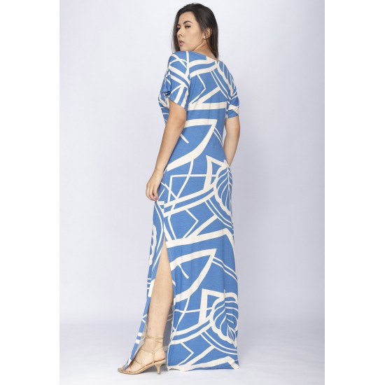 Vestido Longo Malha Fenda na Lateral Estampa Lagoa Botânica