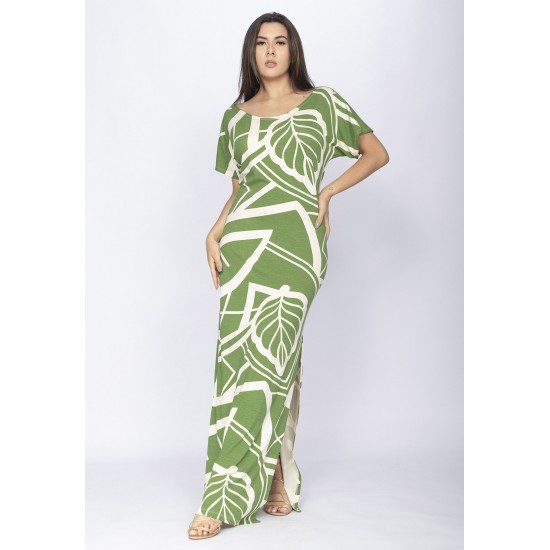 Vestido Longo Malha Fenda na Lateral Estampa Lagoa Botânica Verde