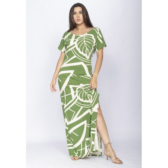 Vestido Longo Malha Fenda na Lateral Estampa Lagoa Botânica Verde