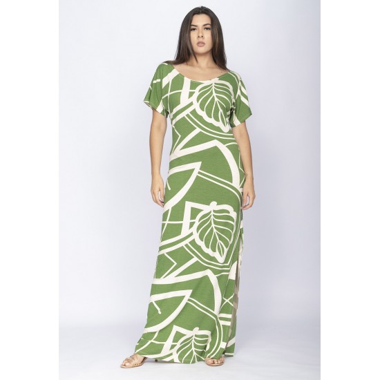 Vestido Longo Malha Fenda na Lateral Estampa Lagoa Botânica Verde