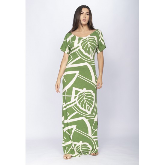 Vestido Longo Malha Fenda na Lateral Estampa Lagoa Botânica Verde