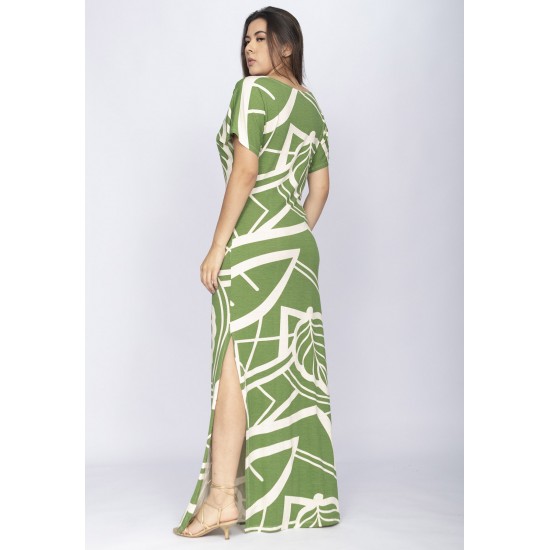 Vestido Longo Malha Fenda na Lateral Estampa Lagoa Botânica Verde