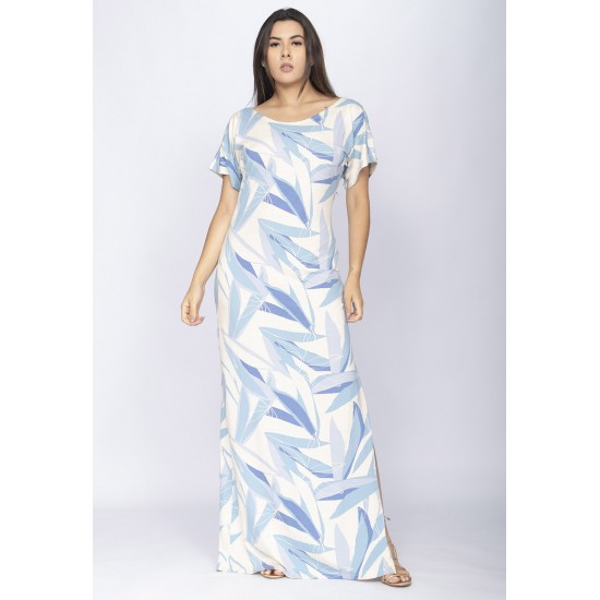 Vestido Longo Malha Fenda na Lateral Estampa Selvagem Blue