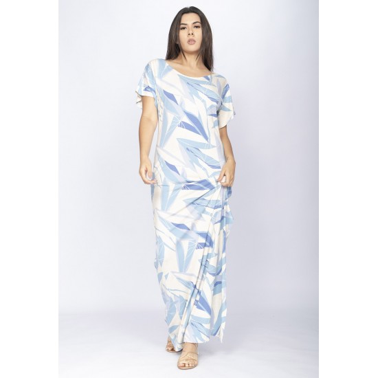Vestido Longo Malha Fenda na Lateral Estampa Selvagem Blue