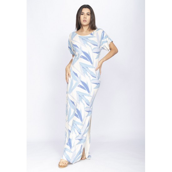 Vestido Longo Malha Fenda na Lateral Estampa Selvagem Blue
