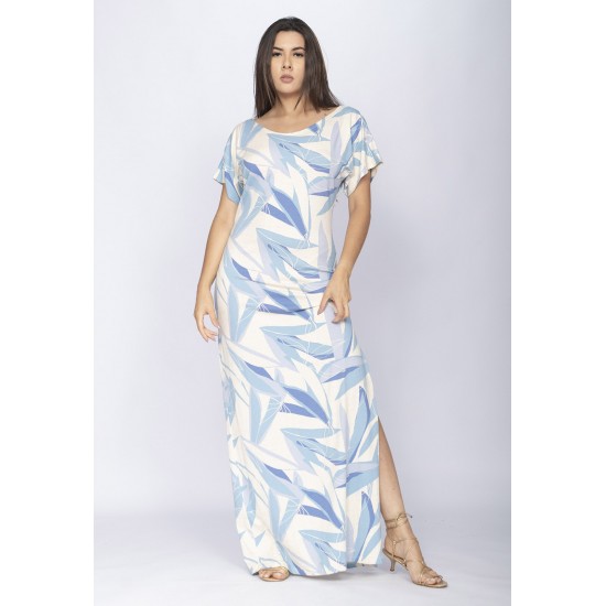 Vestido Longo Malha Fenda na Lateral Estampa Selvagem Blue